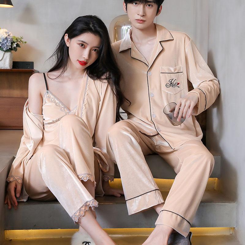

Men's Sleepwear FZSLCYIYI Couple Velvet Women 3Pcs And Man Sleep 2Pcs Long Sleeve Velour Pajamas Set Pyjamas Suit Loungewear Nightwear, Champagne