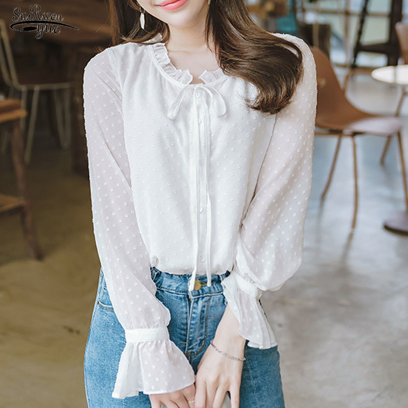 

Autumn Arrival Women Shirt Sweet Female Korean Style OL Blusa Stand Collar Polka Dot Long-sleeve Suntan Blouse 10418 210521, White