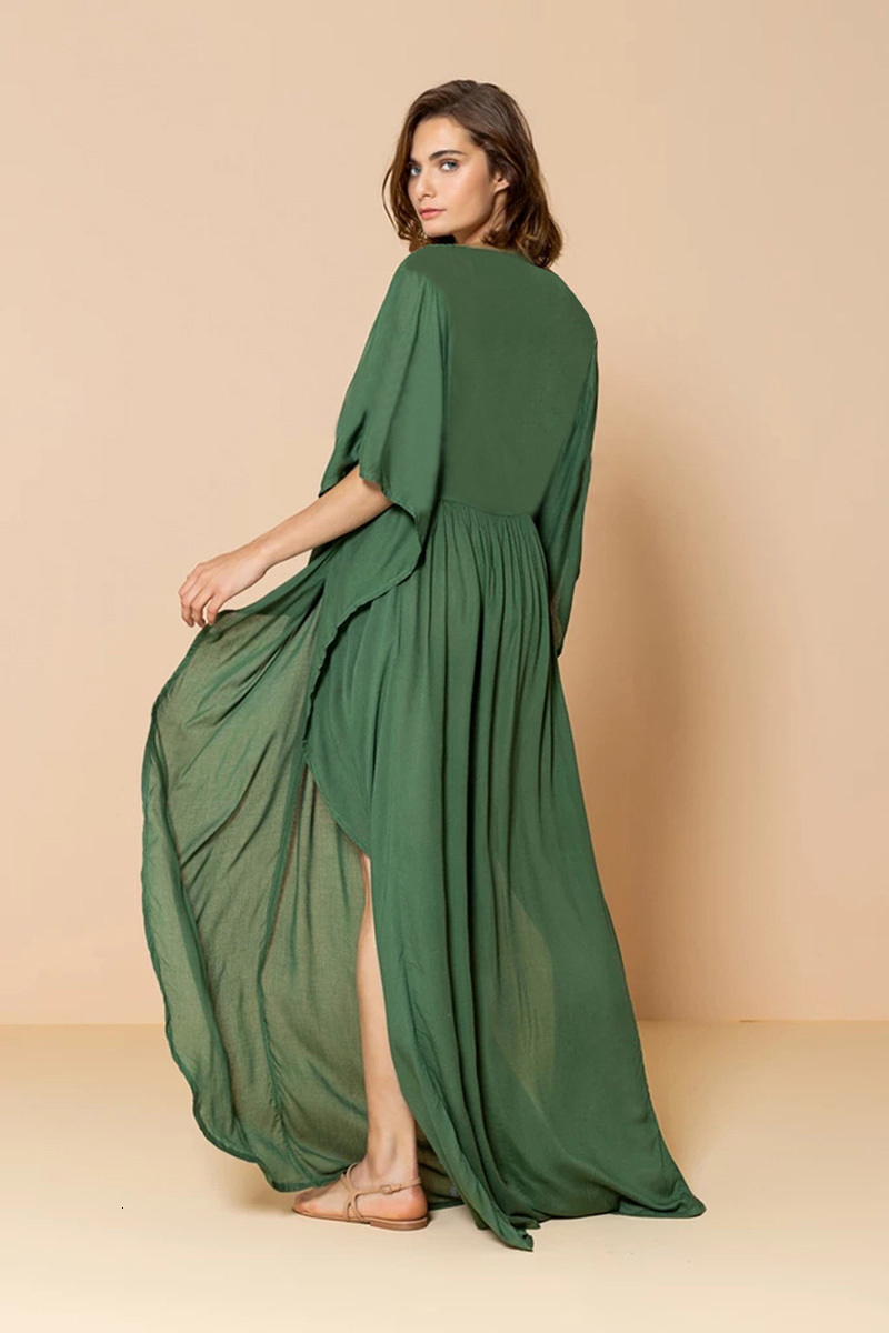 Women&#039;s Swimwear Embroidery Vintage Maxi Side Splice Bohemian Cotton Oversized Kaftan Summer Robe Holiday Loose Beach Pareos S4SE-image-699317566