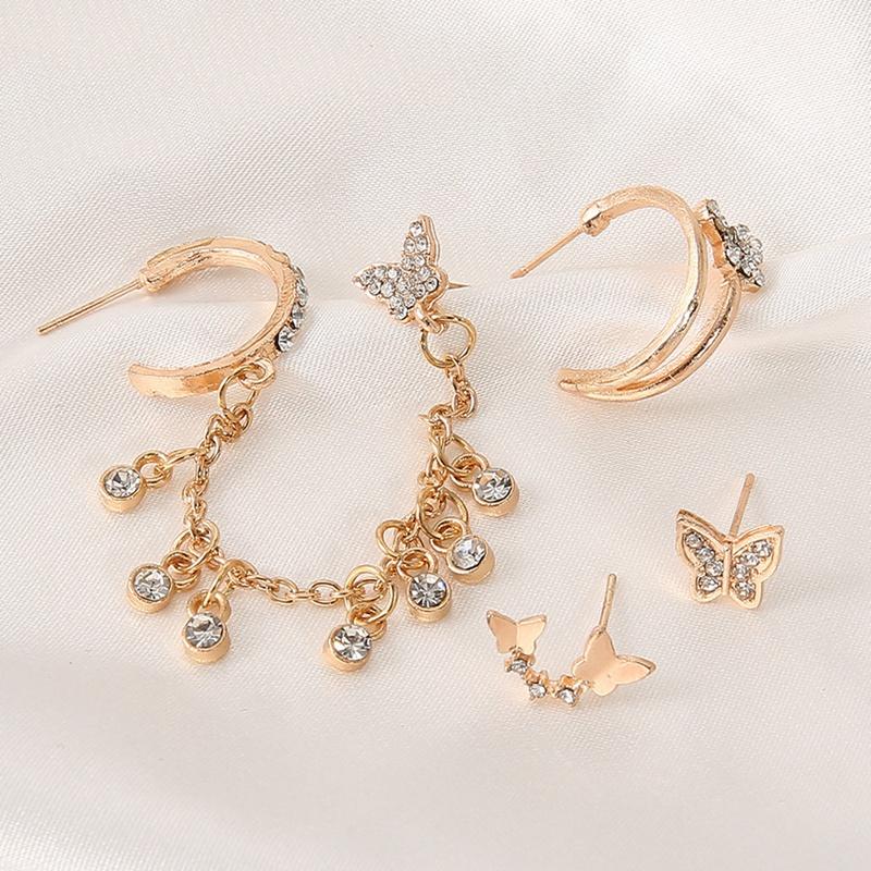 Stud 4pcs/set Korean Elegant Cute Rhinestone Butterfly Earrings For Women Girls Fashion Metal Chain Boucle D&#039;oreille Jewelry-image-711742928
