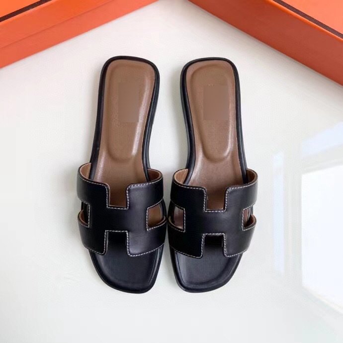 

H-slipper New Summer Classic Leather Cow 2021 Leather One Line Beach Women's Sandal Flat Slippers Slippers, Black