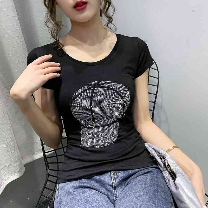 

Women's T-Shirt Summer Fashion Korean Clothes T-shirt Sexy Shiny Diamonds Hat Women Tops Ropa Mujer Cotton Short Shirt Tees T03601, White tshirt