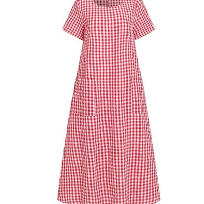 

Short Sleeve Plaid O Neck A-Line Mid-Calf Summer Dresses Women 210615, Blue