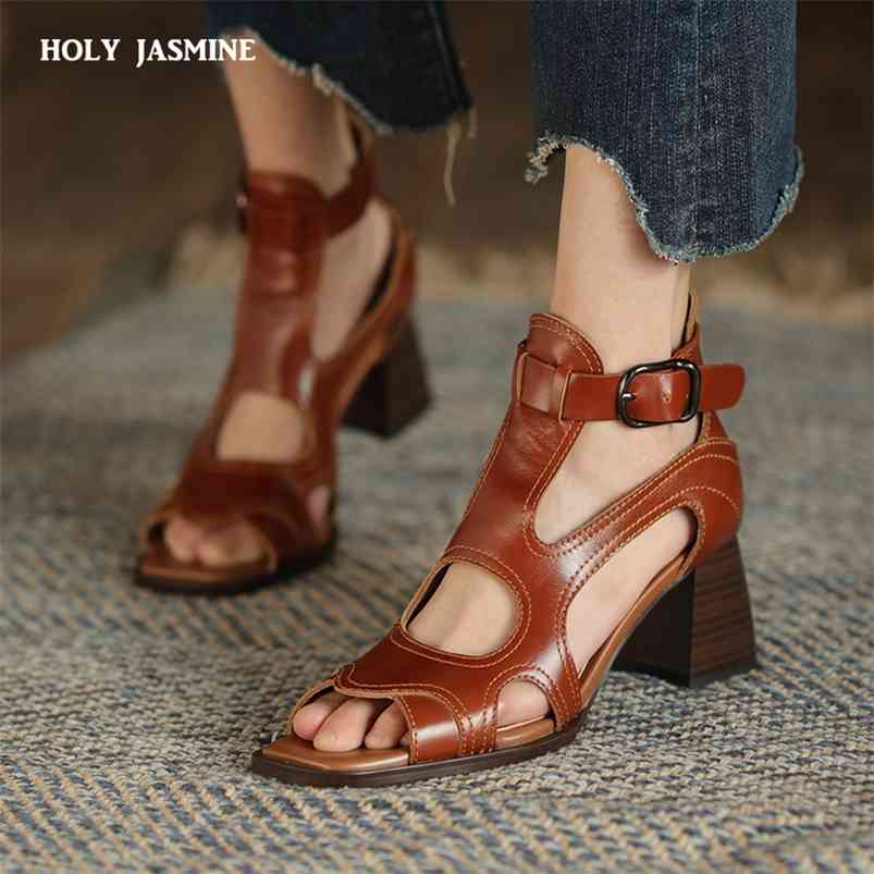

Fashion Genuine Leather Women Sandals Summer Shoes Open Toe Rome Style High Heels Buckle Gladiator Woman 210521, Brown