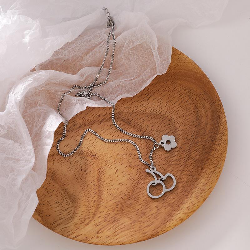 

Pendant Necklaces Origin Summer Sweet Stainless Steel Cherry Flower Necklace For Women Girls Trendy Hollow Out Metallic Jewelry