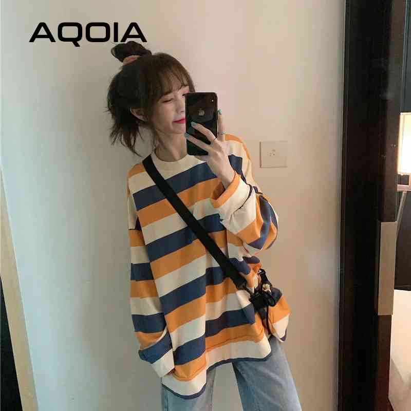 

Autumn Casual Striped Loose Womens Hoodies Sweatshirt INS Fashion Oversize Thin Plus Size Women Female Pullovers 210521