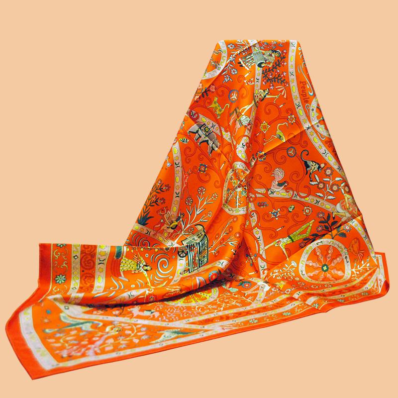 

Scarves HuaJun 2 Store|| Orange Classic Colors "Peuple Du Vent Shawl" 90 Silk Square Twill Print Scarf Hand Curled
