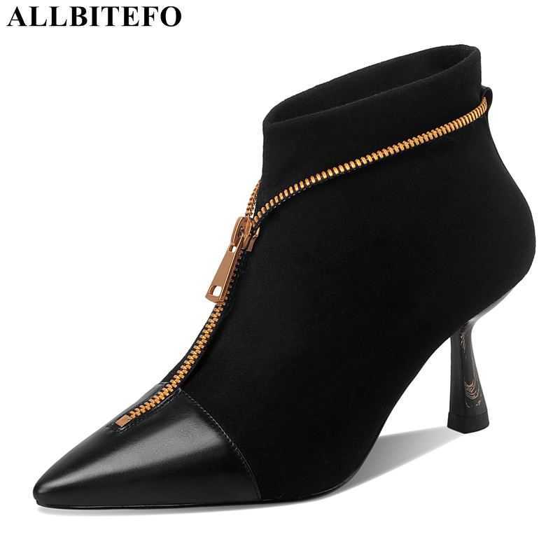 

ALLBITEFO sexy high heels genuine leather+flock wedding women boots gold zipper women ankle boots office ladies shoes 210611, As picture
