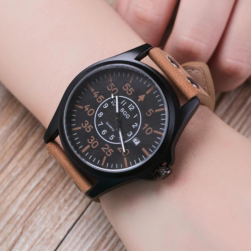 

Wristwatches BGG Fashion Brand Men Watch Business Military PU Leather Simple Analog Date Sport Mens Clock Quartz Wrist Watches Relogio, Black