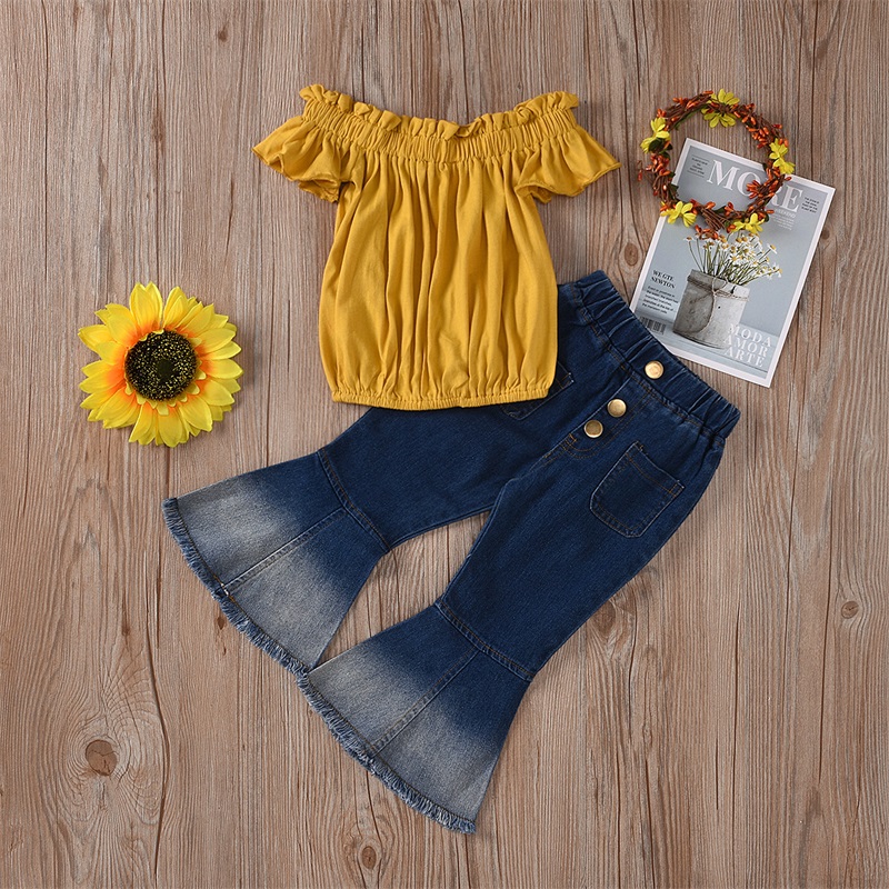 

Fashion Toddler Kids Baby Girls Summer Clothes Party Sets Off Shoulder Tops T-Shirt Flared Pants 2Pcs Girl Clothing Outfits 3-7Y 1025 V2, Yellow