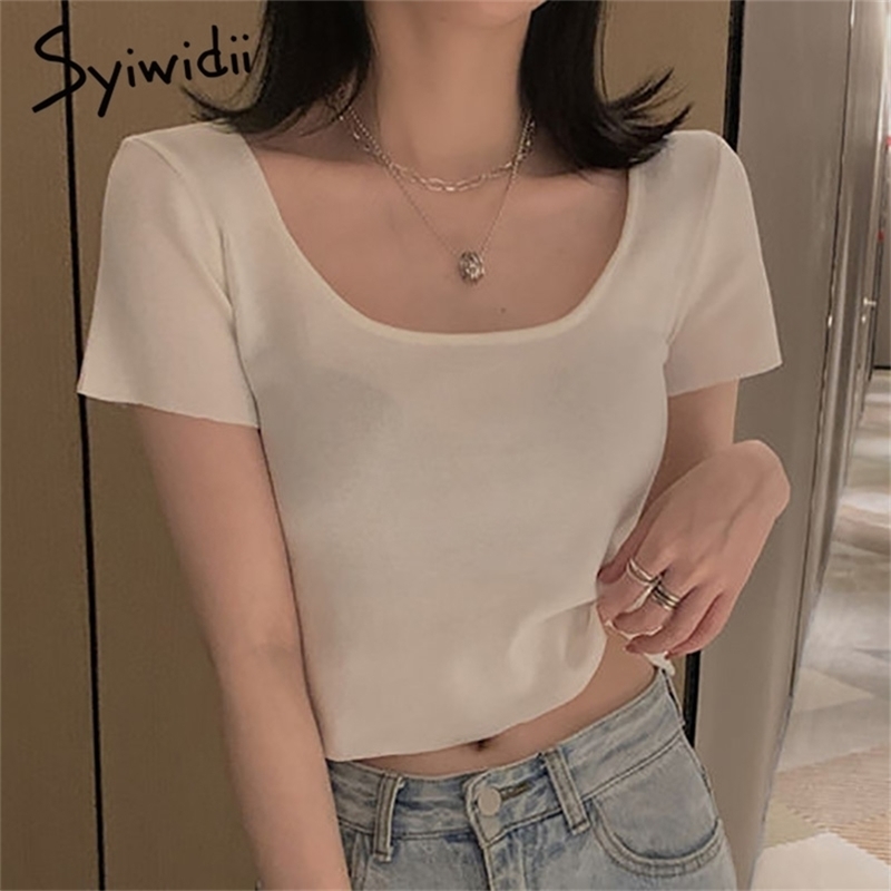 

Casual T-shirts Women Half Sleeve Top Square Collar Soild Black Clothes Summer Minimalist Style Fashion Shirts 210607