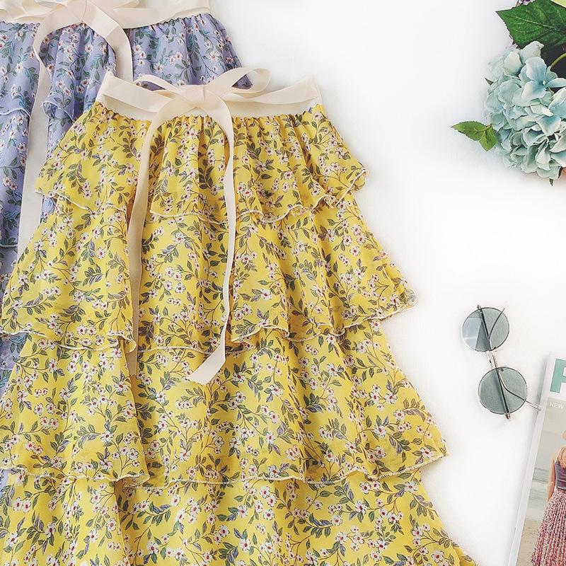 

Skirts Cake Skirt 2021 Spring And Summer Fashion Temperament Small Fresh Printed Chiffon Lace-Up Natural, Blue