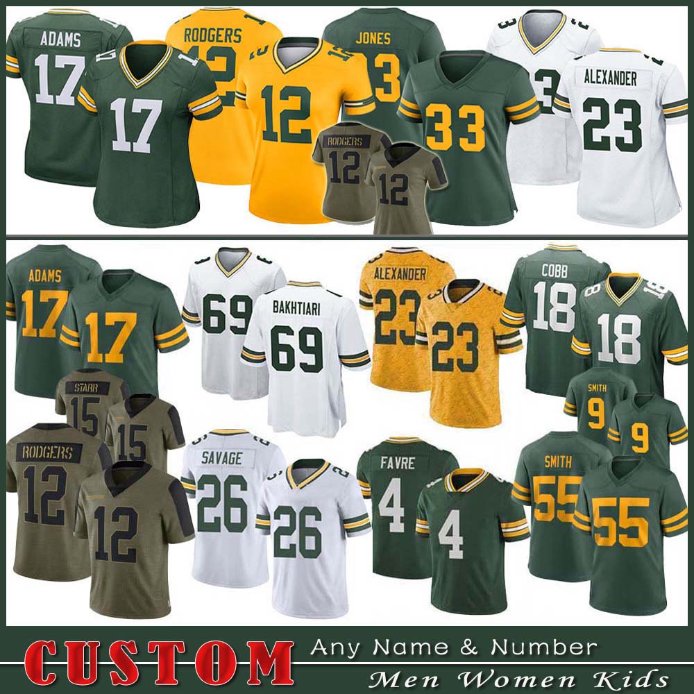 

12 Aaron Rodgers 33 Jones 17 Davante Adams Custom Football Jersey 23 Jaire Alexander 9 Jaylon ZaDarius Smith David Bakhtiari Randall Cobb Charles Woodson Brett Favre, Shown