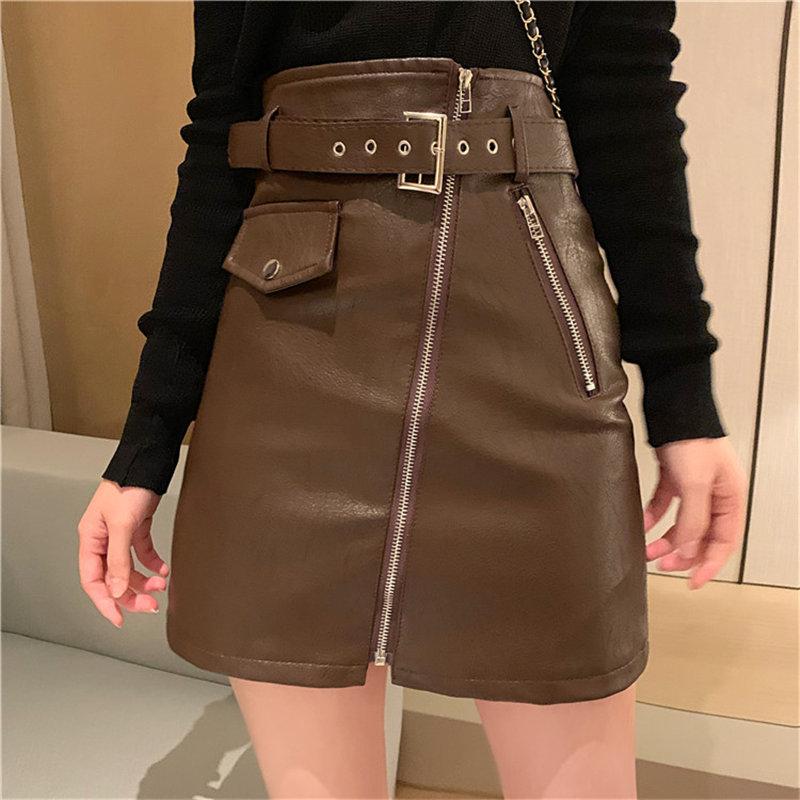 

Autumn Women PU Leather Sweet Solid Sashes A-Line Stylish Buttock-wrapped Sexy Plus Feminine Slender Mini Skirt Skirts, Black