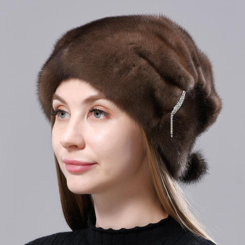 

Berets Fur Hats Women Winter Stylish Warm Natural Mink Luxury Caps Windproof Anti Cold Snow Ball Diamond Hat, Black