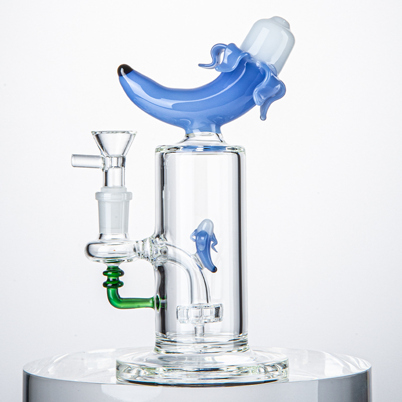 

Unique Banana Shape Glass Bongs Showerhead Perc Percolator 14mm Female Joint Bong 3 Colors Oil Dab Rigs Water Pipes Hookahs