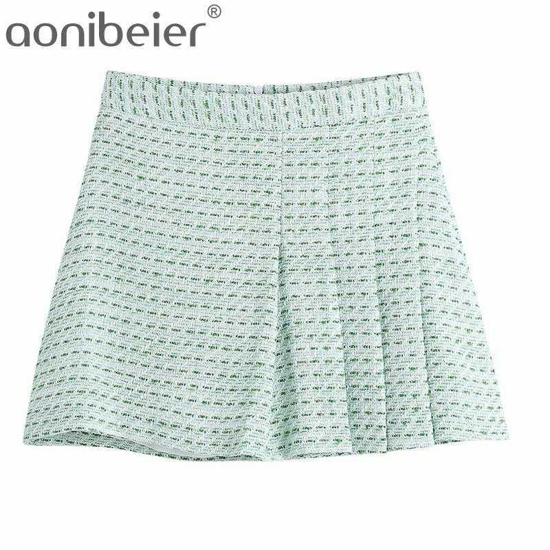 

Light Green Textured Women A-Line Mini Skirts Spring Zipper Back Folds Detail Casual High Waist Skirt Female Bottoms 210604