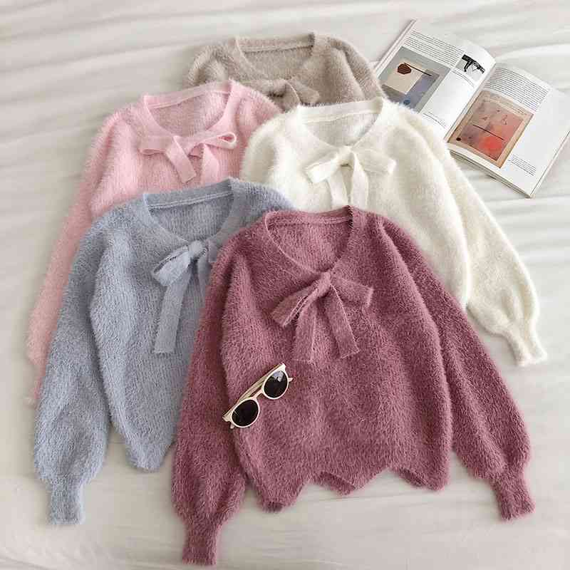 

Women Sweet Bow Sweater Autumn Winter Korean Irregular Hem Fluffy Mohair Pullover Sweaters Ladies Crop Tops 210602, Blue