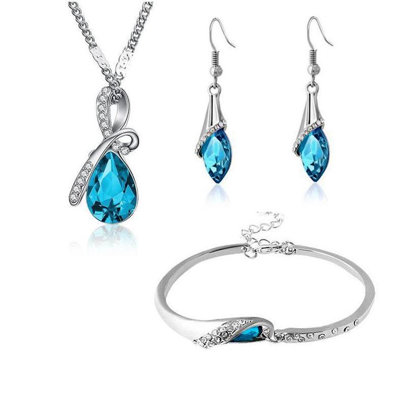 

Earrings & Necklace SHUANGR Blue Crystal Waterdrop Bracelet Set Gem Women Costume Jewelry 2021 Valentine's Day Gift, Silver