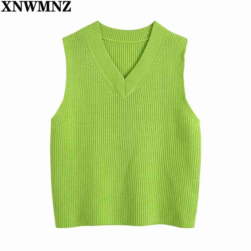 

Fashion Green Ribbed Trims Knitted Vest Women Sweater Vintage V Neck Sleeveless Female Waistcoat Chic Tops 210520, Army green