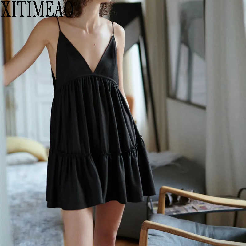

Za Women Sexy Suspenders Low Chest Open Back Side V Neck Ruffles Short Dress Suspender Party Mini Skirt XITIMEAO 210602, Black