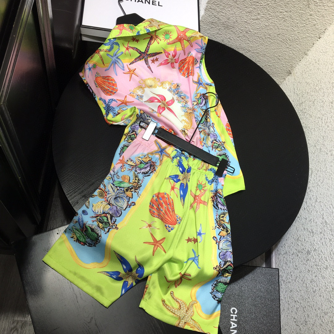 

New Blue-Green Starfish Shell Printed Top Printed Casual Shorts