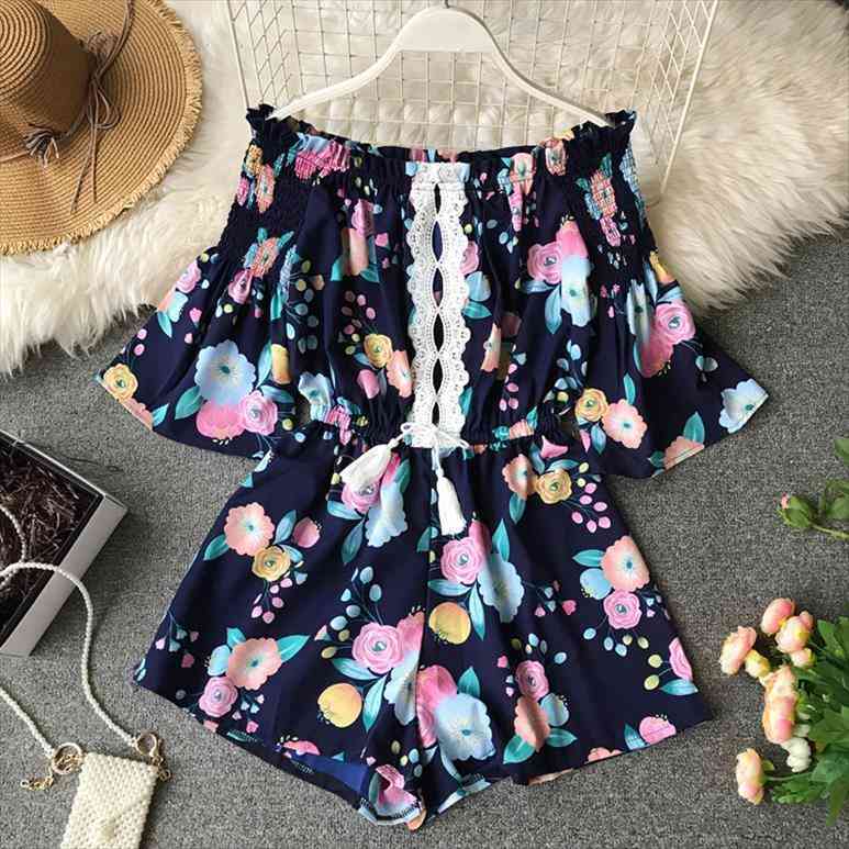 

alphalmoda summer womens boho printed playsuits hollow lace trim sashes waist ladies beach off-shoulder romper, Black;white