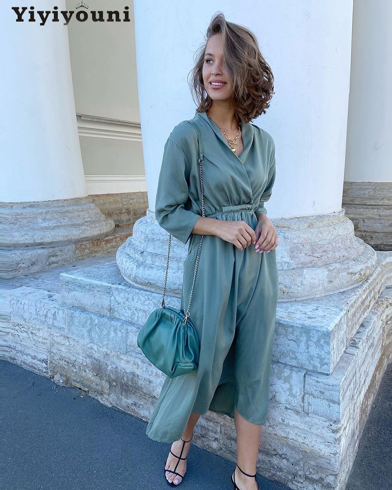 

Yiyiyouni Casual High Waist A-Line Dress Women Loose Three Quarter Sleeve Sashes Dress Women V-Neck Party Mid-Calf Dress Sping, 20360-apricot