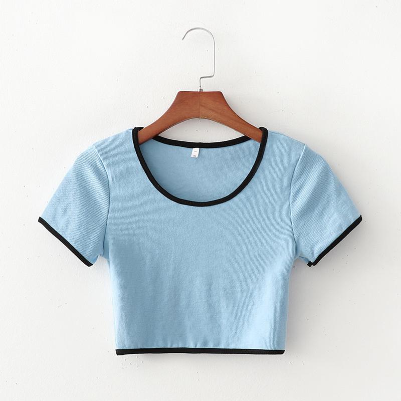 

Women' T-Shirt Summer Women Casual Blue Short Tshirts 2021 Female High Waist Exposed Navel Sexy Tees Tops Lady Fashion O-neck