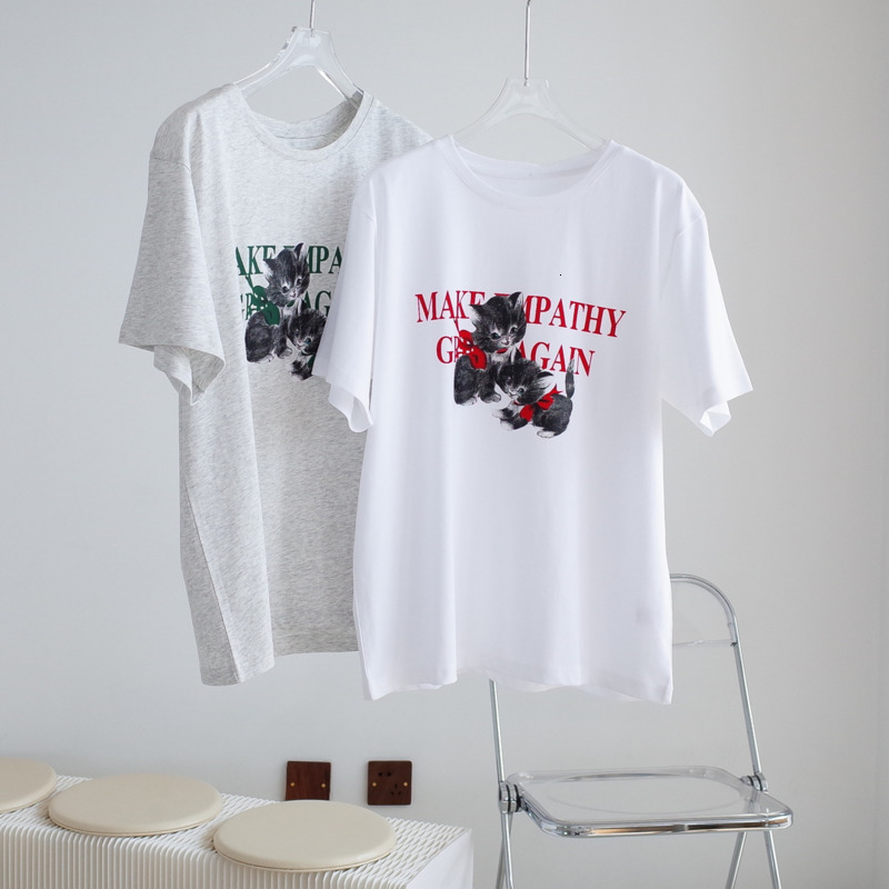 

Women's T-Shirt Summer Cute Cat Print Woman T-shirt Round Neck Short Sleeve Loose Women Cotton Fashion Casual Tops 5CS9, Gray