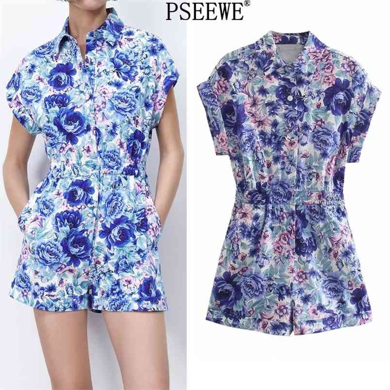 

Floral Print Short Jumpsuits Women Casual Summer Fashion Elastic Waist Sleeve Elegant Woman 210519