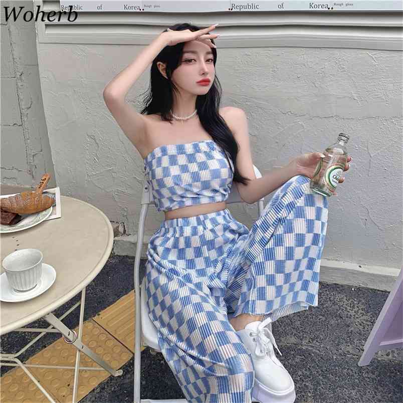 

Streetwear Two Pieces Set Sleeveless Vest+ High Waist Wide Leg Pants Checkerboard Casual Suit Korean Fashion Outfits 210519, Only pink top