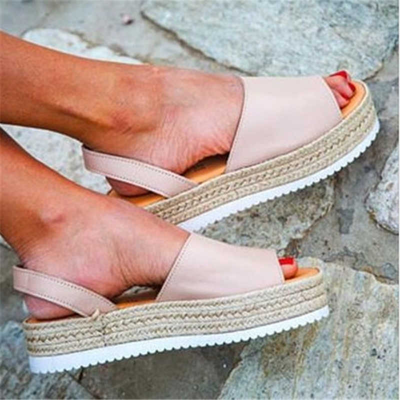 

Women's Sandals Summer Shoes Female Thick Bottom Hemp Platform Heel Sandals PU Leather Back Strap Casual Ladies Flat Shoes 2021 Y0721, Light pink