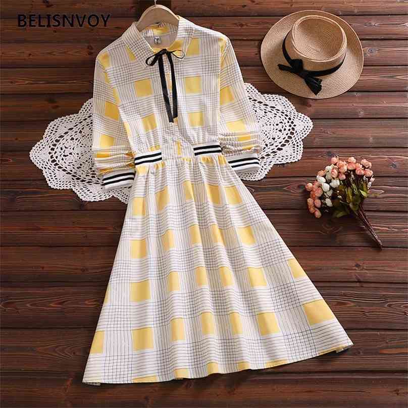 

Spring Autumn Dress Small Fresh Bow Turn-down Collar Mori Girl Elastic Waist Long Sleeve Retro Plaid Women'S Gow 210520, Clear
