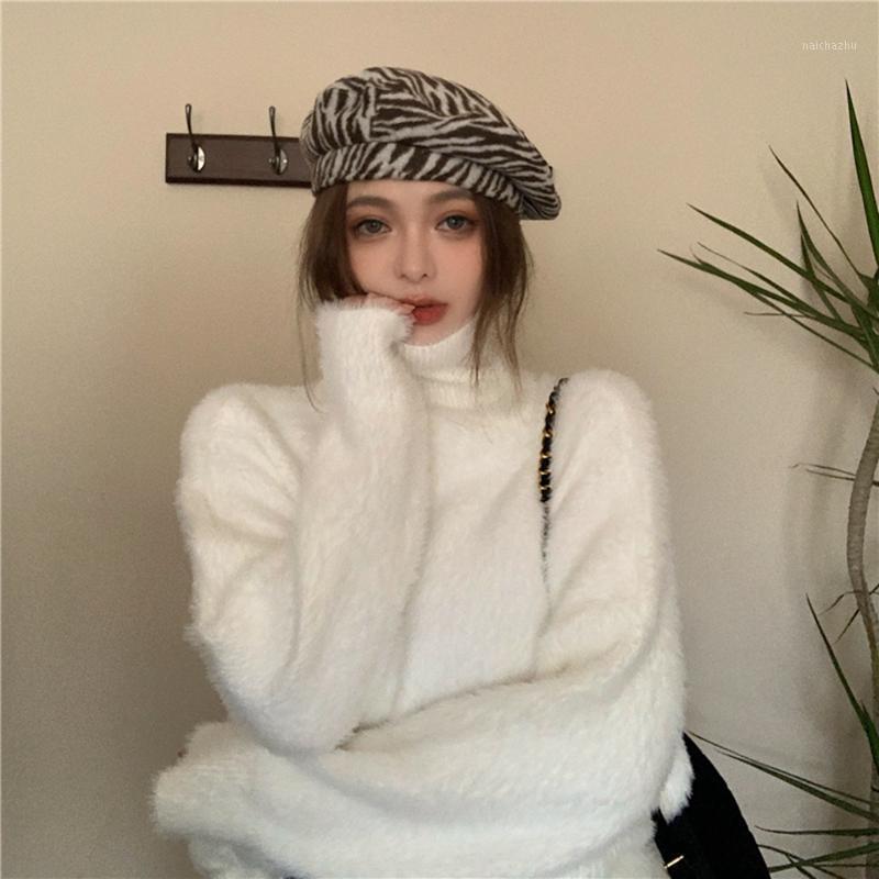 

Women's Sweaters Sannian Women Sweater 2021 Autumn White Turtleneck Knit Warm Loose Korean Blouse Female Clothes Tops