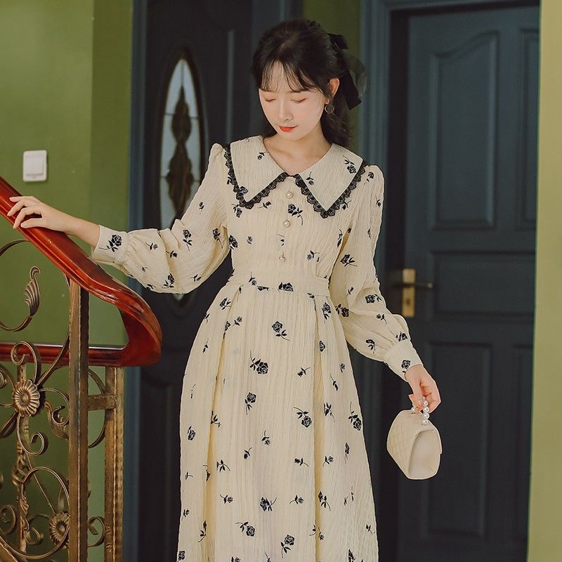 

2021floral dress women evening party casual long sleeve vintage dress female peter pan collar one-piece dress korean 2021 autumn, Black;gray
