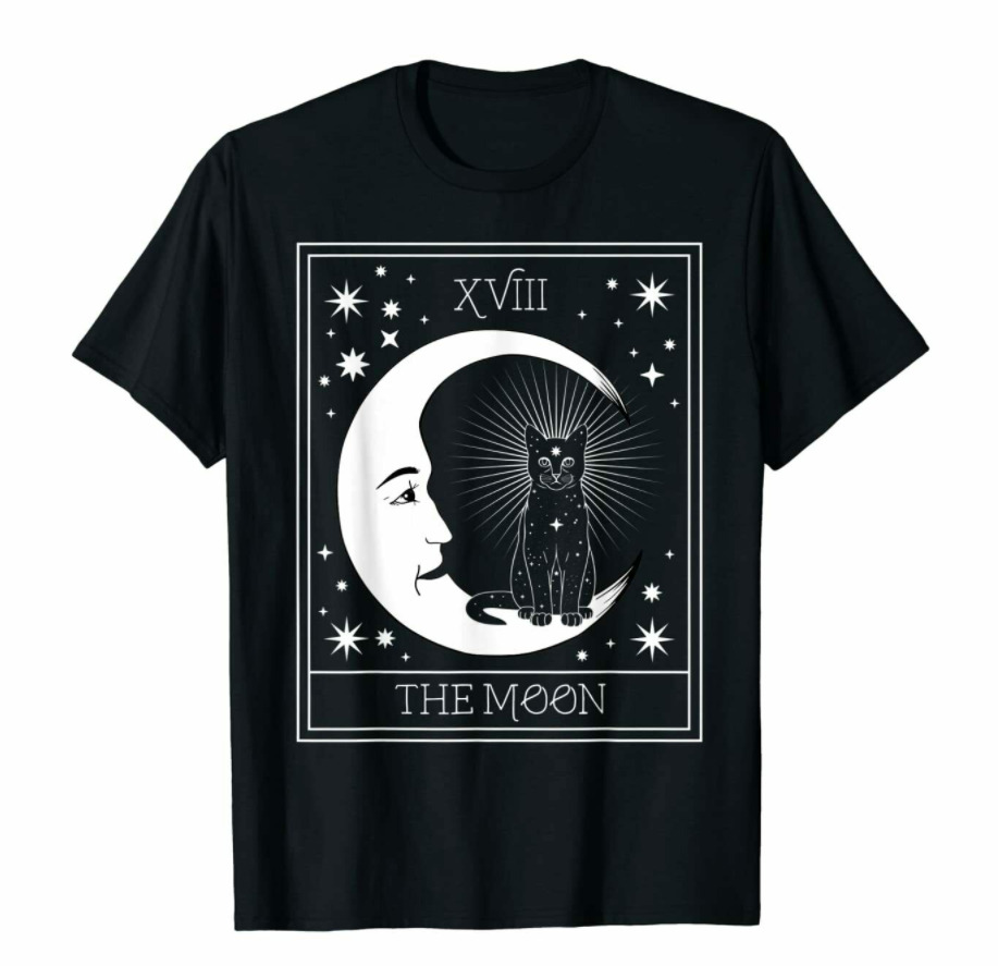 

R1 Tarot Card Crescent Moon And Black Cat Cosmic Funny Parody Black T-Shirt S6XL, White;black