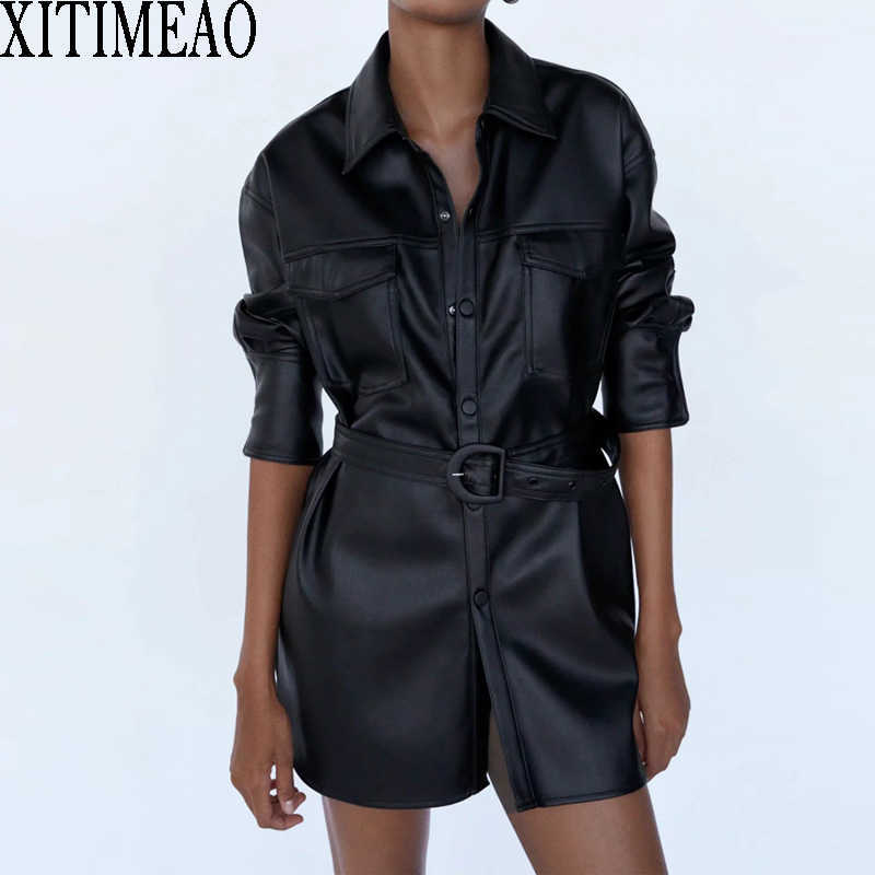 

ZA Women Leather Shirt Street Personality Metal Single Buttons Pu Jacket Autumn Winter Casual Long Sleeve Tops XITIMEAO 210604, As picture