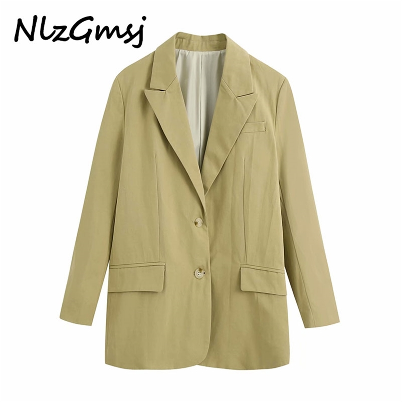 

Women Fashion Single Breasted Loose Fitting Blazers Coat Vintage Long Sleeve Pockets Female Outerwear Chic Tops 210628, As picture