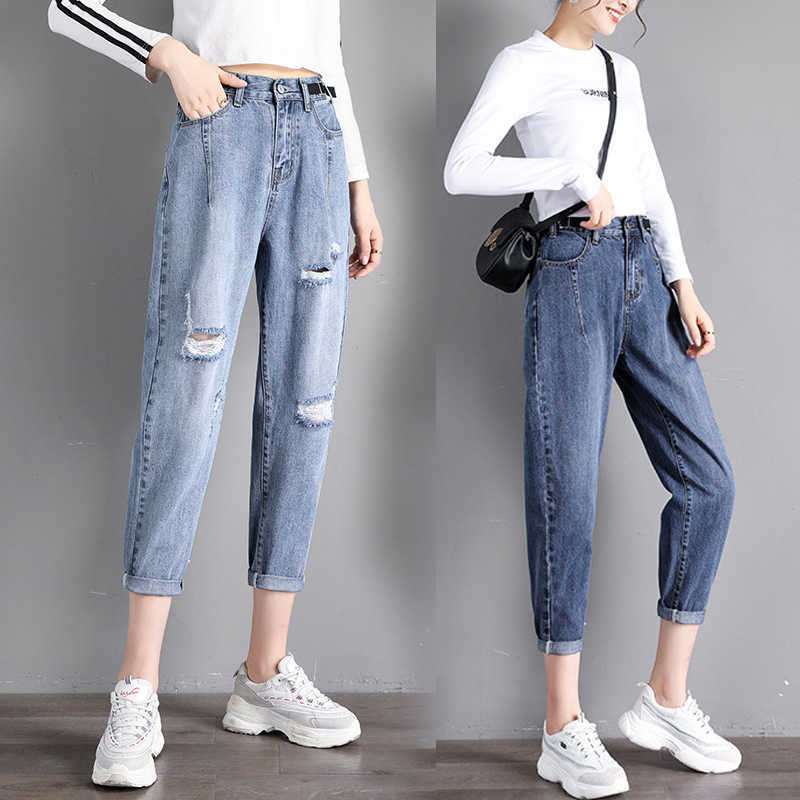 

Harajuku Women Jeans Loose Straight mom Pants Elastic Waist pockets zipper Streetwear W31 210526, Light blue