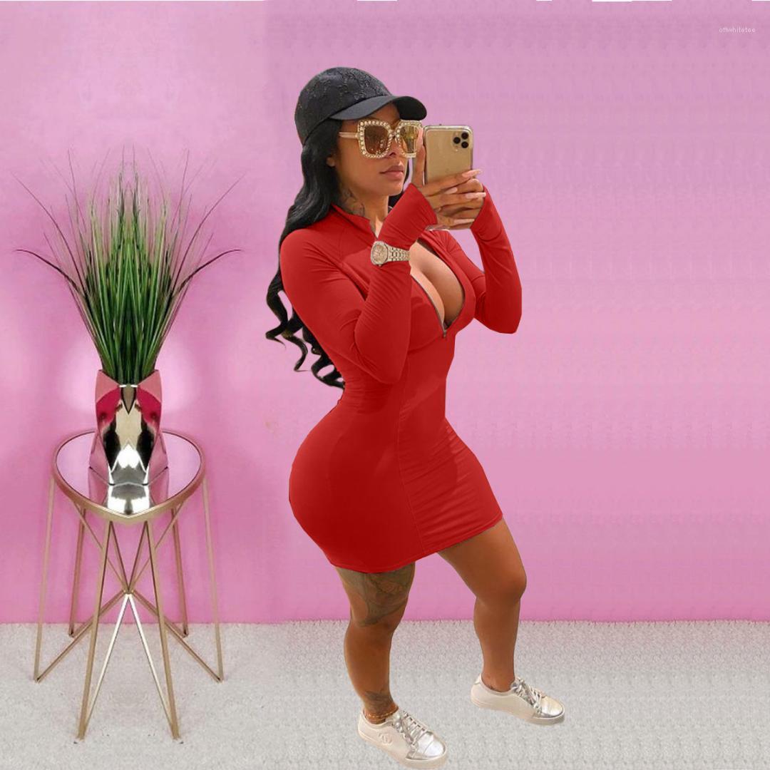 

Sleeve Zipper Neck Solid Color Sexy Dress Fashion Casual Mini Dresses 2021 New Womens Designer Dresses Long, Black;gray