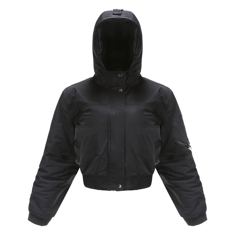 

2021 women s spring and autumn jacket quilted color matching stick print pilot short hooded, Black;brown