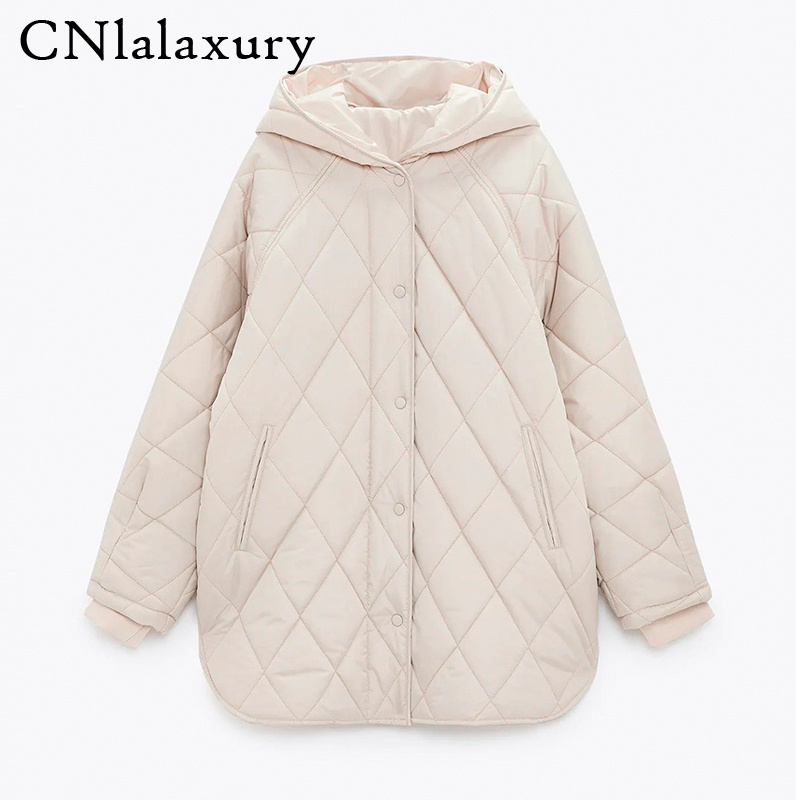 

2021 New Winter Oversize Fashion Vintage Plaid Hooded Parka Women Casual Poets Cotton Jaets Coat Loose Long Outwear Female, Beige white