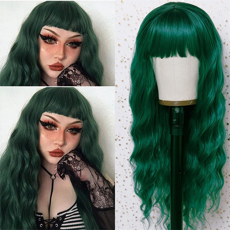 

Green Synthetic Wig with Bangs Cosplay Perruques Simulation Human Hair Headband Wigs 22 Inches RXG9167