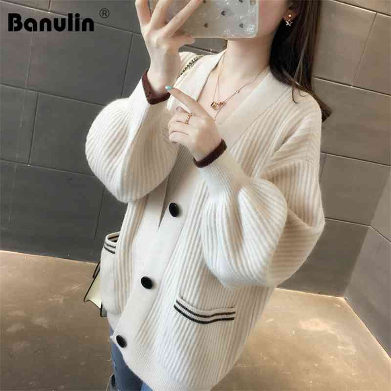 

Autumn Winter Women V-Neck Cardigan Sweater Coat Korean Female Long Puff Sleeve Pockets Loose Knit Outwear 210603, Yellow