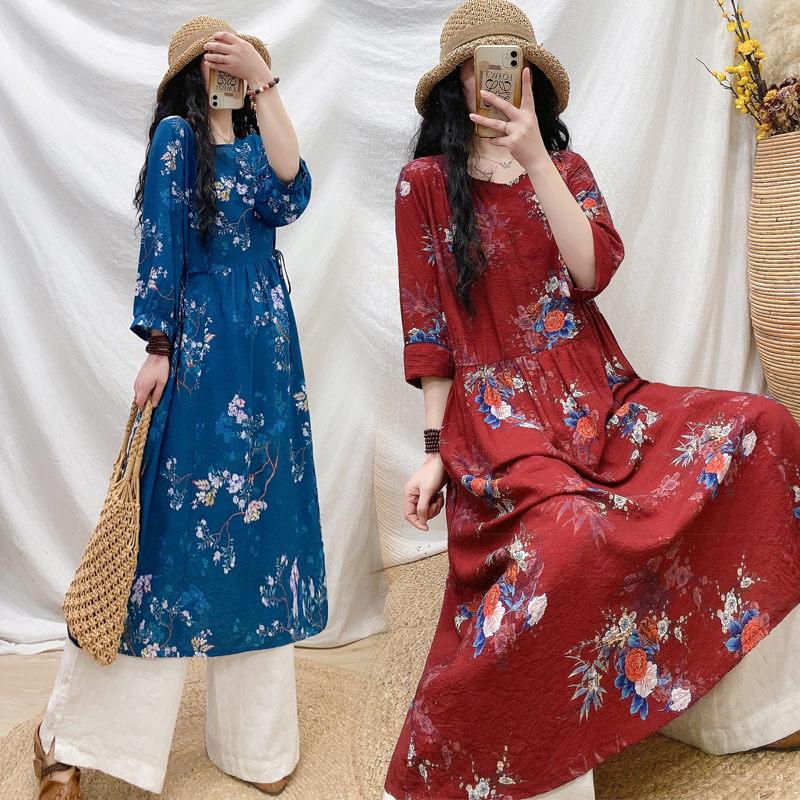 

Casual Dresses 2021 Spring Summer Ice Silk Linen Stitching 3/4 Sleeve A-line Dress O-Neck Pullover Print Lace-up Long Vestidos Femme Robe Aq, Navy blue