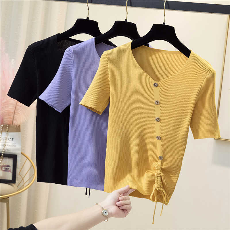 

M-4XL plus size summer thin pullover v-neck sweater women short sleeve loose knitted button bottoming shirt wool top 210604, Purple
