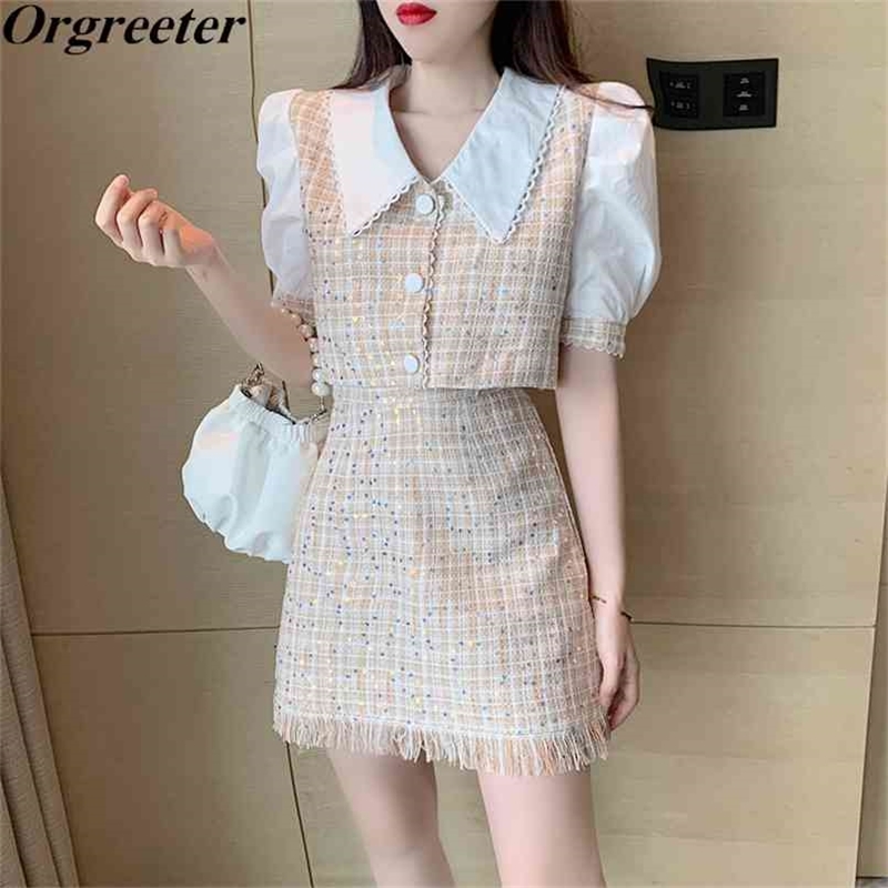 

Summer Sweet Peter pan collar Tweed Two piece Set Women Puff sleeve Sequined Shirt Tops and Tassel Bodycon Mini Skirt Suits 210602, Picture color