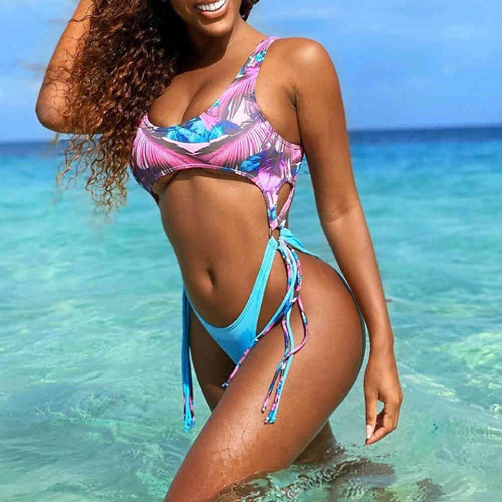 

Print Brazilian Swimsuit String Monokini Sexy High Cut Bikini Push Up Swimwear Tassel Suits Swim Suit 210520, Cutout swimsuit