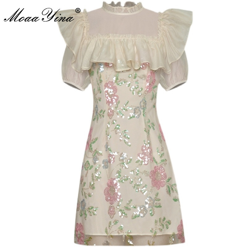 

Fashion Designer Summer club Party Dress Women's Gorgeous Sequins Ruffle Puff Sleeve Mesh Vintage Mini 210524, Beige